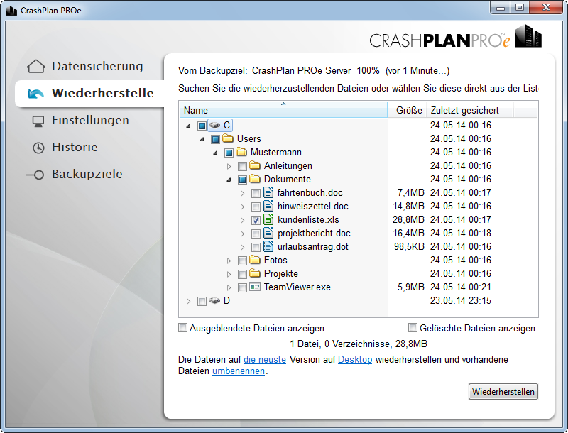 CrashPlan Screenshot: Restore Auswahl
